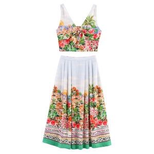 Femme Imprimé Paysage Tropique Top Court Noué Devant Col V Et Jupe Mi-Longue Plissée Taille Haute Vacances Boutique
