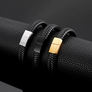 Men's braided cowhide leather bracelets with matte magnetic clasps in silver black and gold