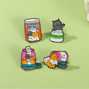 Cute Cartoon Cat Enamel Pin Happy Pills Medicine Bottle Alloy Brooch For Backpack Clothing Accessory Jewelry Gift