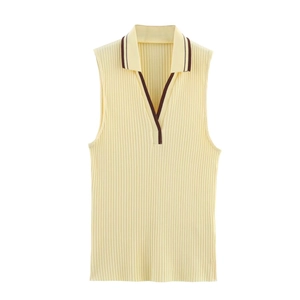 Pale yellow sleeveless ribbed polo knit top with dark brown contrast trim and V-neckline