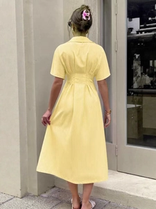 Blue and yellow striped waist dress for women with short sleeves and pleated back detail