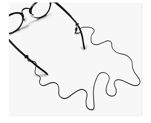 Minimalist matte black eyewear cord showing non-slip rubber loops on white background