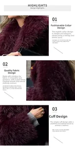 Detail view of burgundy faux fur coat showing stylish collar, soft fabric and sleek cuffs
