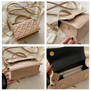 Detailed views of beige quilted crossbody bag showing texture and interior storage space