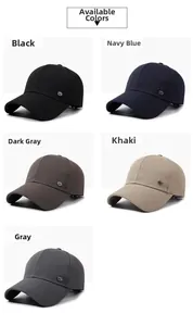 Detailed close-up showing five color variants of baseball caps with side metal logo