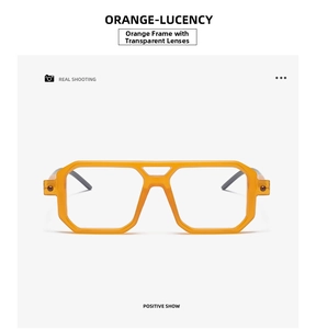 Front view of orange polygon sunglasses with transparent lenses and black temples