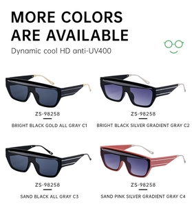 Detail view of four stylish oversized square sunglasses in various matte and glossy finishes