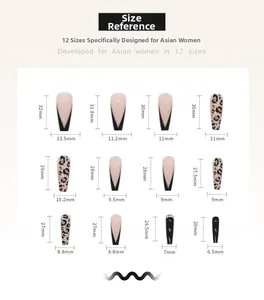 Size chart showing 12 sizes of long ballet leopard pattern press-on nails for women