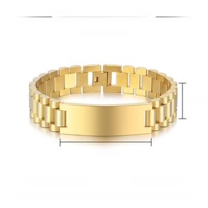 Detail of 15mm gold stainless steel watch-style bracelet with dimensions and specs