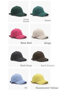 Detailed grid showing distressed baseball caps in eight solid colors with frayed edges