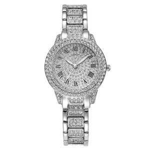 Detailed view of silver steel watch with sparkling rhinestones and Roman numeral dial