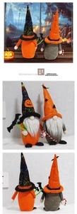 Detailed views of Halloween gnomes featuring bat and candy cane props with spiderweb hats