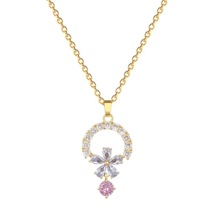 Elegant gold titanium steel necklace with floral zircon pendant and pink gem stone charm