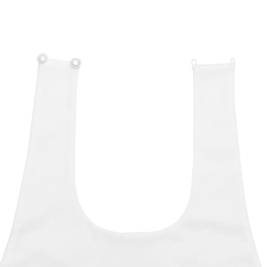 Detail shot of the white lace dress showing delicate shoulder straps with pearl button closures