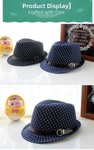 Close-up of kids fedora hats in navy and black featuring leather bands and metal buckles