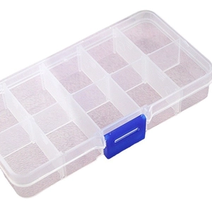 Transparent multi-grid plastic jewelry organizer box with a secure blue buckle closure