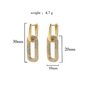 Gold oval chain earrings with clear zircon stones and precise 30mm length dimensions