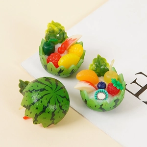 Realistic miniature fruit bowl keychain featuring watermelon base and assorted fruit mix