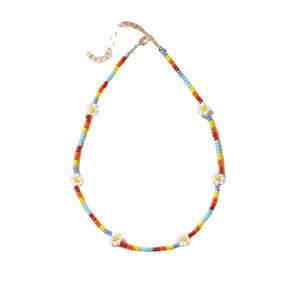 Handmade colorful bead choker necklace with white daisy flower patterns and gold clasp