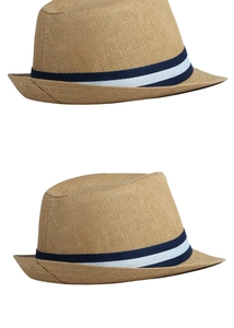 Detail view of the woven straw texture and blue striped ribbon on the summer fedora hat