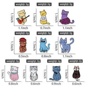 Size and weight chart for cute cartoon cat pins including dimensions and grams for each style