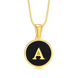 18K gold plated titanium necklace with circular black pendant featuring a gold letter A