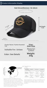 Size chart for mesh baseball cap showing 56-60cm circumference and measurement guide
