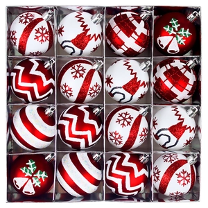 Lot de 16 boules de Noël rouges et blanches avec motifs de flocons dans une boîte