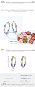 Detailed specs of S925 silver rainbow zircon earrings measuring 29mm with 3mm gems