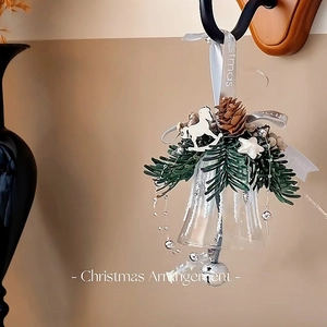 Christmas glass bell ornament with pine needles, cones and wooden charms for home decor