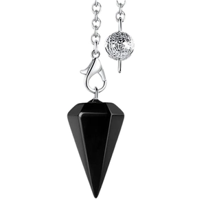 Polished black gemstone hexagonal cone pendant necklace with silver textured bead and chain