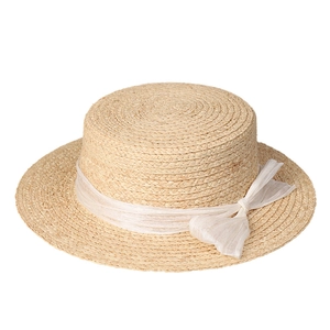Flat top boater hat in natural raffia with a white silk bow ribbon for summer