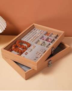 Dual-layer walnut wood jewelry box with transparent glass lid and velvet compartments