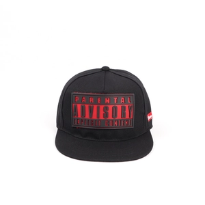Detail of the black flat brim hip hop cap with red Parental Advisory rubber patch