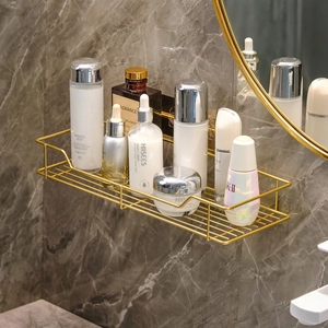 Nordic wall-mounted golden bathroom storage rack for toiletries and towels in marble setting