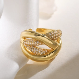 Elegant gold-plated multi-layer crisscross open ring with shimmering zircon stones