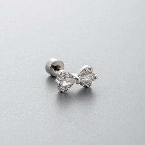 Silver bow stud earrings with white zircon stones and screw back in titanium steel