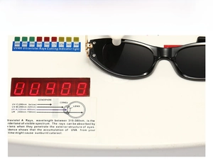 Detail showing UV400 protection test for retro oval punk sunglasses in black color