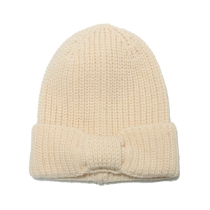 Winter chunky knit beanie for kids featuring a large decorative bow in cream white finish