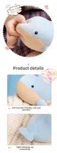Detail of plush whale toy showing soft blue fabric texture and high elastic PP cotton filling