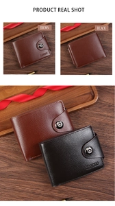 Close-up of black and brown leather wallets with lychee texture and magnetic snap closure