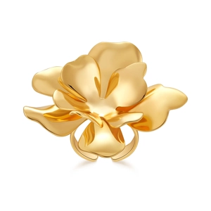 Macro view showing the 18K gold plated textured floral ring with matte layered petals