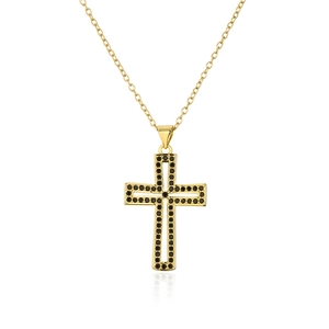 Close-up of 18K gold plated hollow cross pendant necklace set with small black zircons