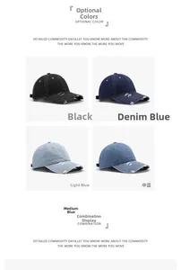 Detail view of four vintage washed denim baseball caps with distressed ripped brim details