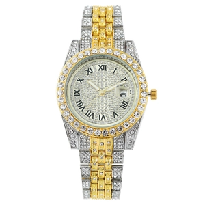 Luxury women's quartz watch with roman numerals, calendar date window, and full diamond inlay