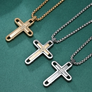 Titanium steel cross pendant necklaces with rhinestones in gold, silver, and dual-tone finishes