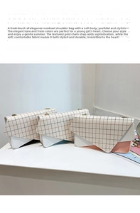 Close-up of color-block plaid crossbody bags with metallic chains in black, blue and pink