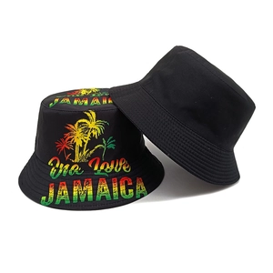Jamaica One Love coconut tree print black cotton sun hat for outdoor sun protection