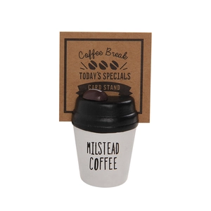Creative coffee cup shaped resin card holder and desk memo stand in black and white