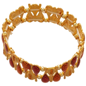 Retro elastic teardrop bracelet with red enamel inlay and golden bead connections
